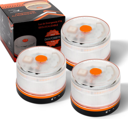 Luz de Emergencia V16 Aprobada por la DGT con Geolocalización 3.0 – Señalización de Ubicación para Automóviles, Plan de Datos Incluido – Base Magnética IP54 – Cumple con la Normativa 2026.