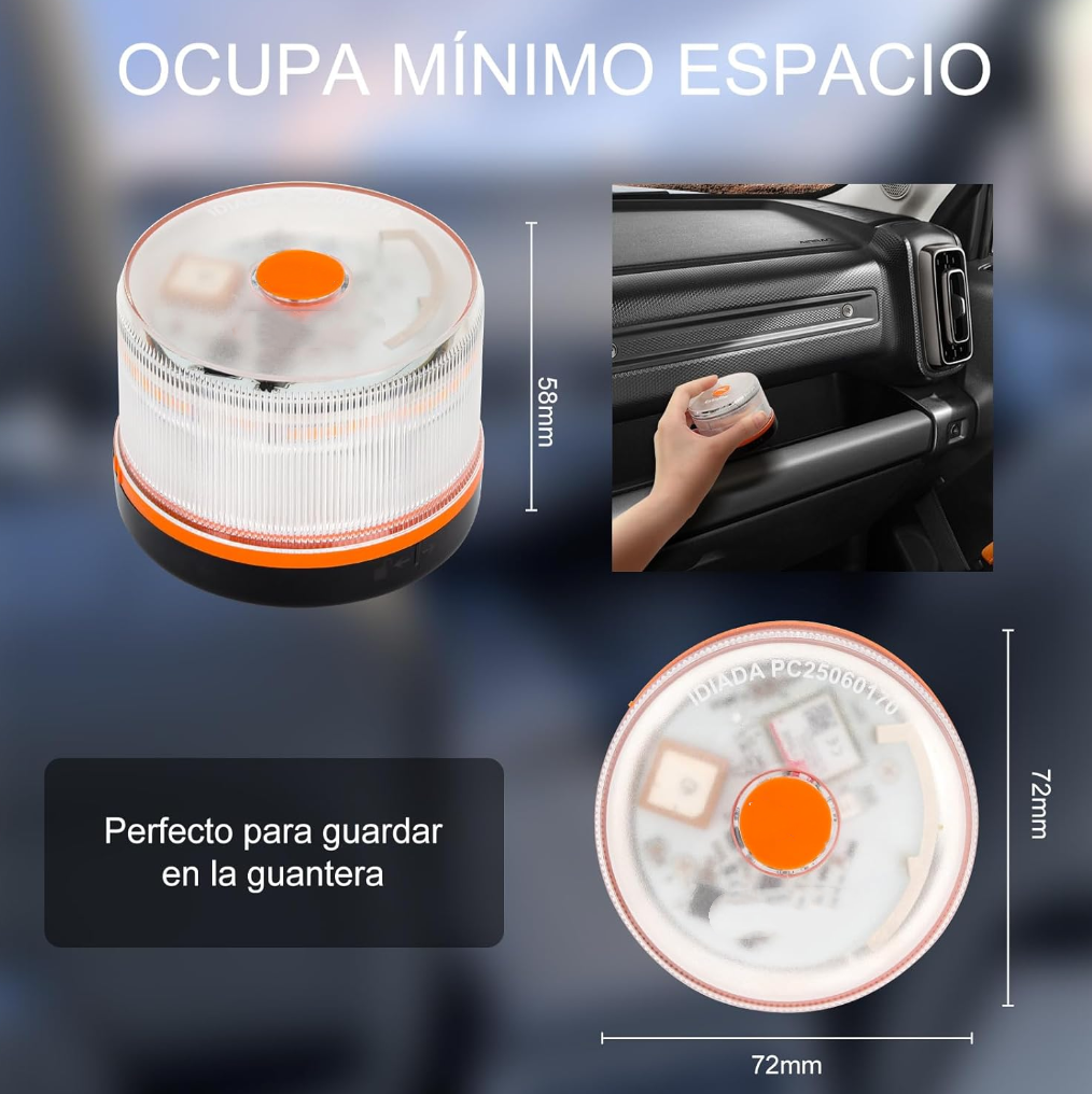 Luz de Emergencia V16 Aprobada por la DGT con Geolocalización 3.0 – Señalización de Ubicación para Automóviles, Plan de Datos Incluido – Base Magnética IP54 – Cumple con la Normativa 2026.
