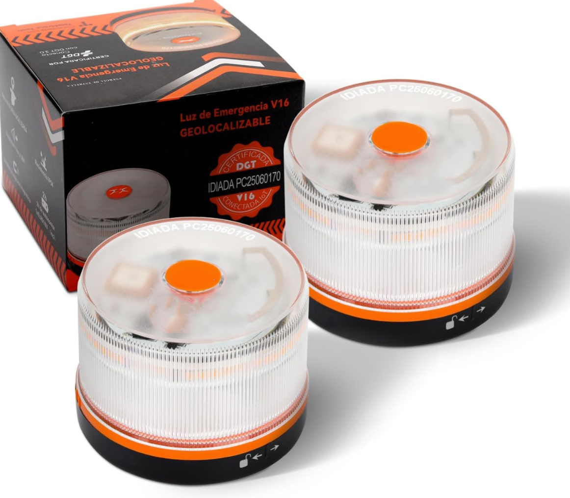 Luz de Emergencia V16 Aprobada por la DGT con Geolocalización 3.0 – Señalización de Ubicación para Automóviles, Plan de Datos Incluido – Base Magnética IP54 – Cumple con la Normativa 2026.