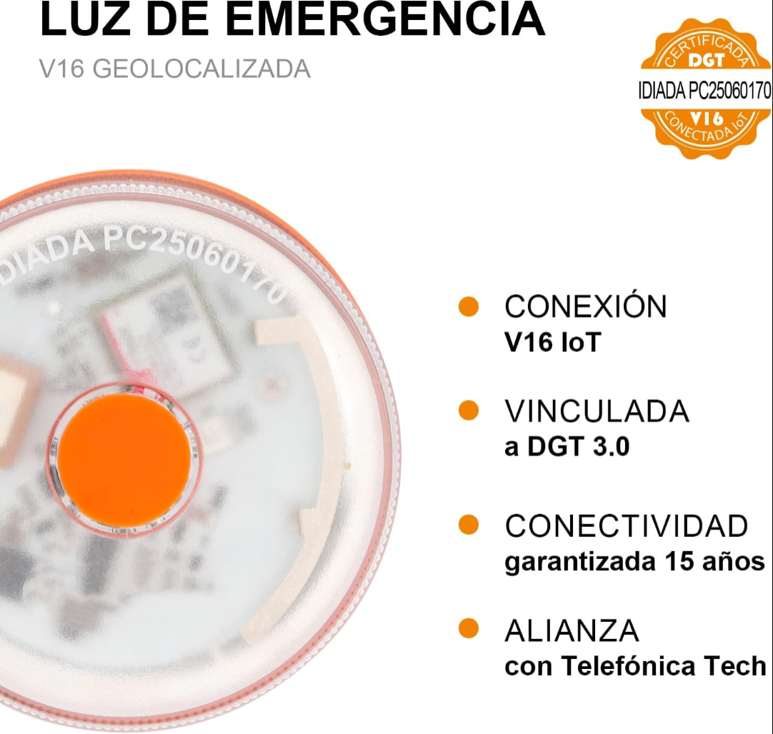 Luz de Emergencia V16 Aprobada por la DGT con Geolocalización 3.0 – Señalización de Ubicación para Automóviles, Plan de Datos Incluido – Base Magnética IP54 – Cumple con la Normativa 2026.